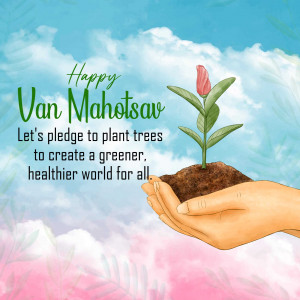 Hands holding a sapling with the text 'Happy Van Mahotsav'
