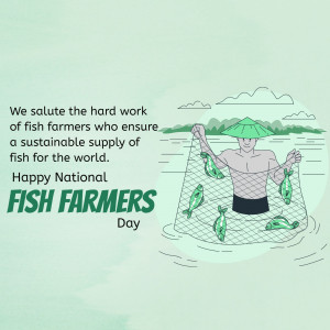 Illustration of a fish farmer with fish in a net, celebrating National Fish Farmers Day.