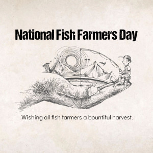 Illustration for National Fish Farmers Day featuring a fisherman and fish in a hand-shaped landscape.