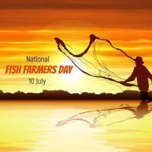 Silhouette of a fisherman casting a net at sunset with text 'National Fish Farmers Day - 10 July'