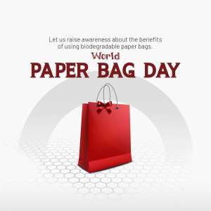 Red paper bag with a bow on a white background with text promoting biodegradable paper bags.
