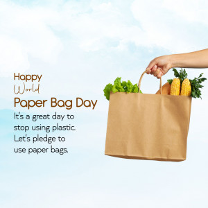 Hand holding a paper bag filled with groceries with text promoting World Paper Bag Day