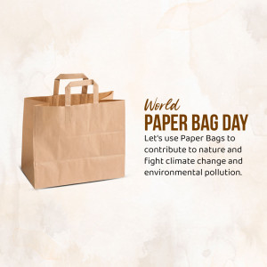 Brown paper bag with text 'World Paper Bag Day' promoting environmental awareness.