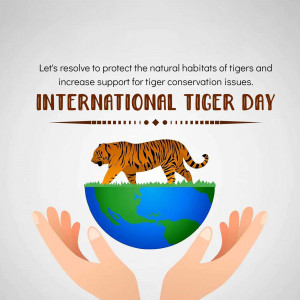 Illustration of a tiger on a globe held by hands, promoting International Tiger Day and conservation.