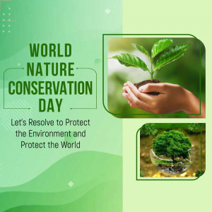 Hands holding a seedling with text 'World Nature Conservation Day'