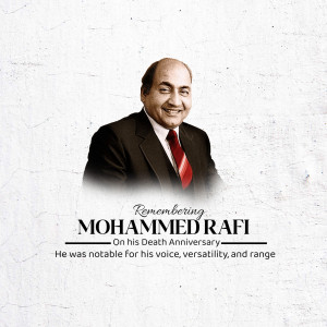 Portrait of Mohammed Rafi with text commemorating his death anniversary.