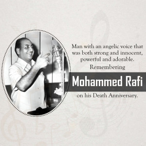 Black and white portrait of Mohammed Rafi at a microphone with a commemorative text overlay.