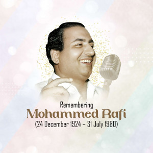 Portrait of Mohammed Rafi, a legendary Indian playback singer, with a vintage microphone.