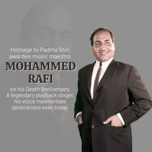 Portrait of Mohammed Rafi with text commemorating his death anniversary