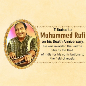 Portrait of Mohammed Rafi with text commemorating his death anniversary.
