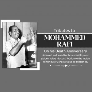 Black and white image of Mohammed Rafi at a microphone with text commemorating his death anniversary.