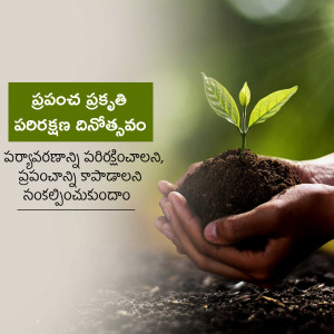 Hands holding soil with a small plant growing out of it, World Environment Day message in Telugu.