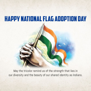 Image depicting a hand holding the Indian flag with a message celebrating National Flag Adoption Day.