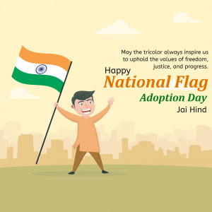 Illustration of a man holding the Indian flag with a cityscape background and text celebrating National Flag Adoption Day.