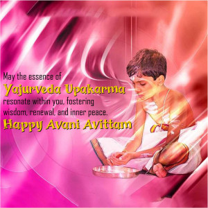 Image of a Brahmin performing Avani Avittam ritual with text overlay.