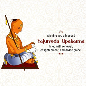 Illustration of a sage with a book, wishing a blessed Yajurveda Upakarma