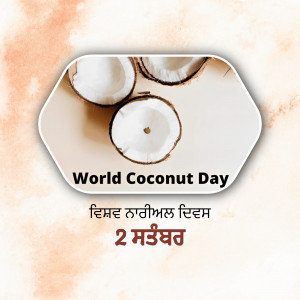 Image celebrating World Coconut Day with halved coconuts and text.