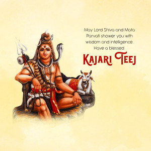 Illustration of Lord Shiva and Mata Parvati with a cow, wishing a blessed Kajari Teej.
