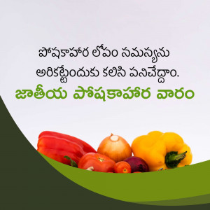 A colorful assortment of fresh vegetables with text in Telugu.