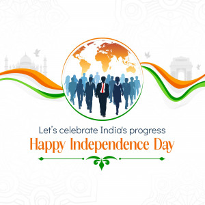 Illustration of people walking towards a globe with the Indian flag colors in the background, celebrating India's Independence Day.