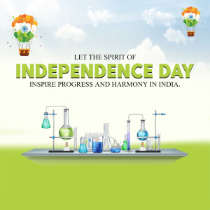 Independence Day greeting with science lab equipment and hot air balloons in Indian flag colors.