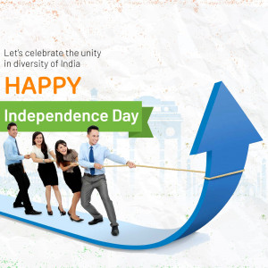 Group of diverse professionals pulling a rope with the text 'Happy Independence Day'