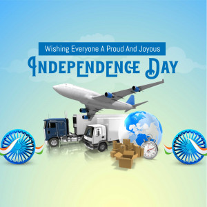 Image depicting Independence Day with logistics elements like trucks, planes, and a globe.