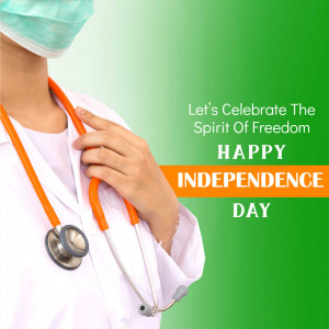 A healthcare worker wearing a stethoscope with an Independence Day message.