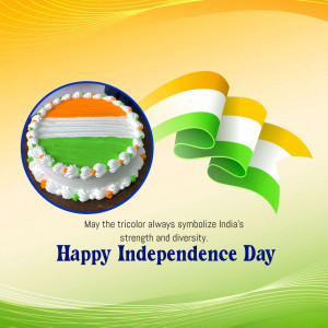 A cake decorated with the Indian flag colors and a waving flag graphic with text 'Happy Independence Day'