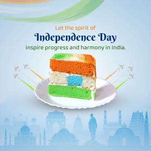 A slice of cake decorated in the colors of the Indian flag with Independence Day greetings.