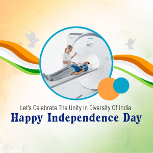 CT scan machine with Indian flag background and Independence Day message