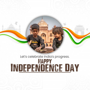 Two Indian children with the Taj Mahal and Indian flag in the background, celebrating Independence Day.
