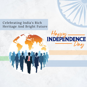 Image depicting a globe with silhouettes of people and the Indian flag colors, celebrating India's Independence Day.