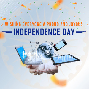 Image depicting digital devices and a globe with the text 'Wishing Everyone a Proud and Joyous Independence Day'