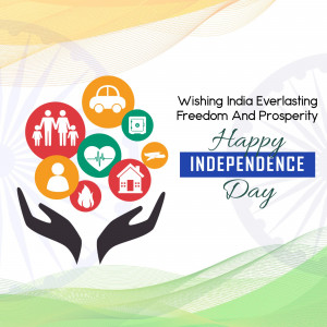 Independence Day of India greeting with hands holding icons representing prosperity and unity.