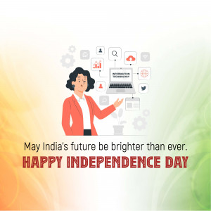 Illustration of a woman interacting with digital icons against an Indian flag background.
