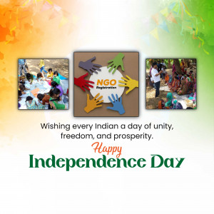 Independence Day greeting with images of community service and the Indian flag.