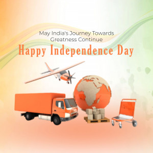 Illustration depicting India's progress with a globe, truck, airplane, and cargo equipment.