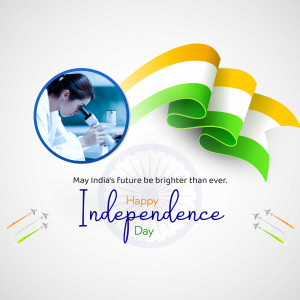 Image depicting a scientist working with a microscope alongside the Indian flag, celebrating Independence Day.