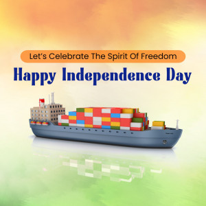 Image depicting a cargo ship with Independence Day themed containers and text 'Happy Independence Day'
