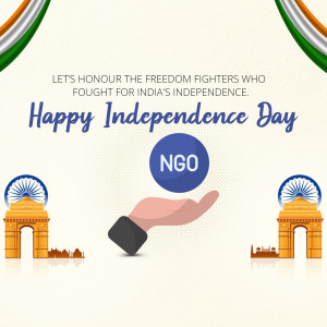 Independence Day greeting with India Gate and hand holding a badge