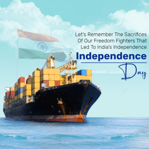 Image depicting a cargo ship with the Indian flag waving in the background, celebrating Independence Day.