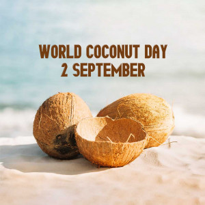 Image celebrating World Coconut Day with coconuts on a beach