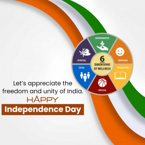 Image depicting the Indian flag with a wellness wheel and the text 'Happy Independence Day'.