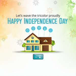 Illustration of a house with Independence Day themed decorations and smart home icons.