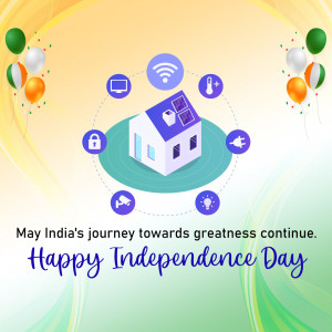 Illustration of a smart home with Independence Day themed balloons and icons.