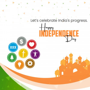 Independence Day of India celebration graphic with icons and Taj Mahal silhouette