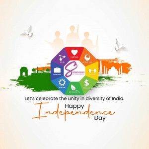Graphic depicting the eight dimensions of wellness with Indian landmarks and the national flag, celebrating Independence Day.