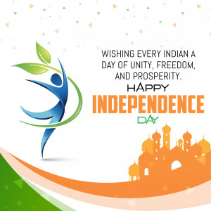 Independence Day greeting with silhouette of a person, Indian flag colors, and iconic buildings.