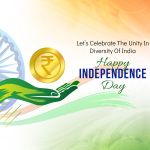 Image depicting a hand holding an Indian rupee coin with the Ashoka Chakra and the Indian flag in the background, with text celebrating Independence Day.